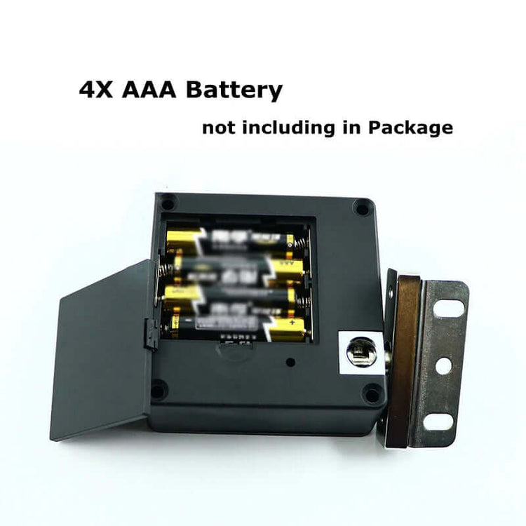 Smart Drawer Lock battery compartment showing space for 4X AAA batteries, not included in package.