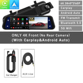 Dash Cam Mirror Screen showing 4K display features like Carplay, Android Auto, and Bluetooth 5.0 for smarter driving.