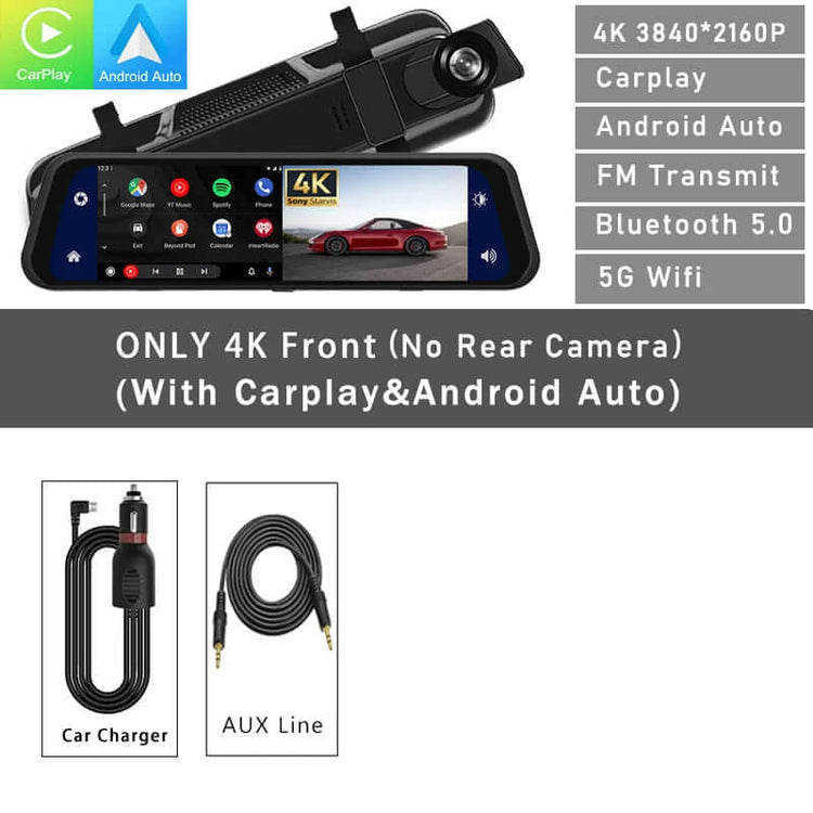 Dash Cam Mirror Screen showing 4K display features like Carplay, Android Auto, and Bluetooth 5.0 for smarter driving.