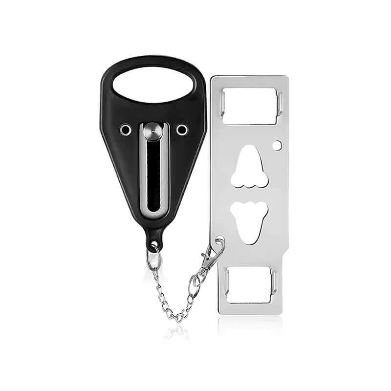 Smart Portable Door Guard includes a black plastic piece and a silver metal plate for added security.