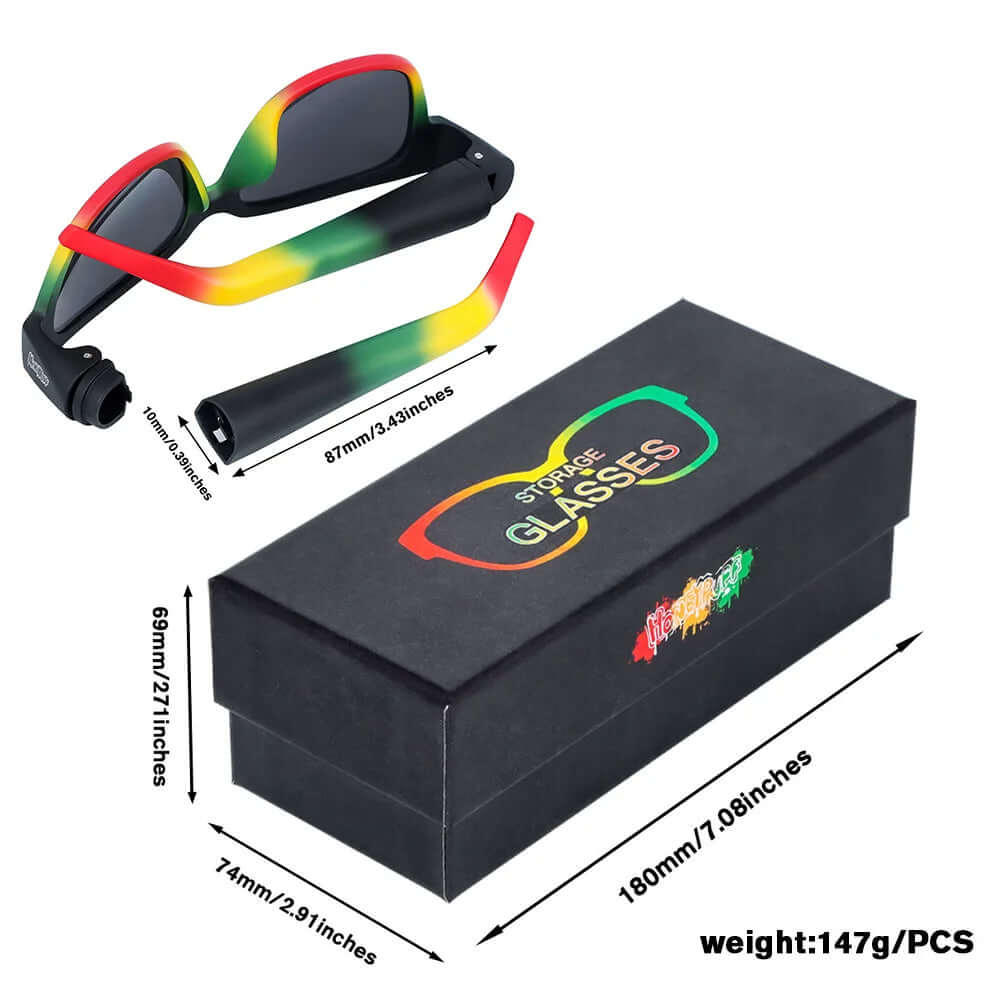 Hidden Storage Sunglasses with colorful frames and a secret compartment, displayed with box packaging and dimensions.