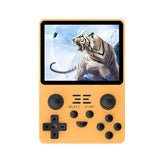 Yellow handheld game console RK3326 displaying a tiger fight scene, ideal for retro gaming experiences anywhere.