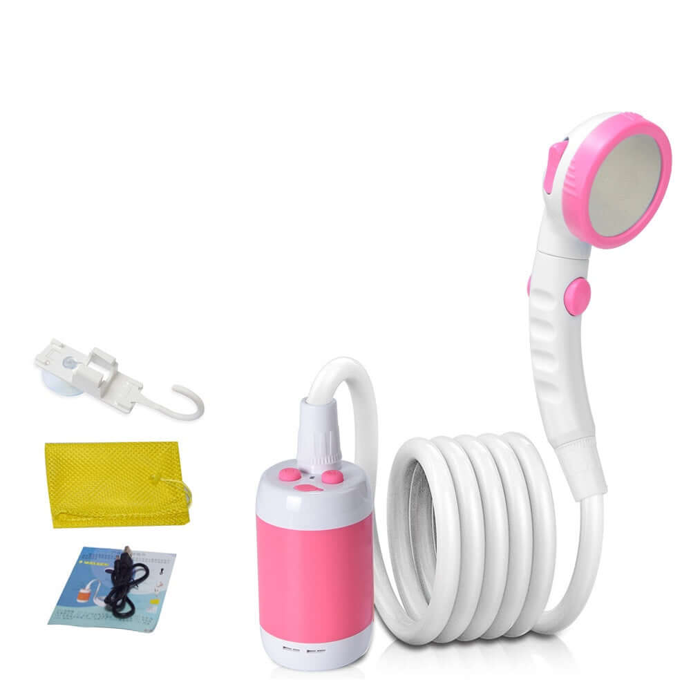 Portable Camping Shower Set featuring a pink showerhead, hose, and water pump for hot showers anywhere.