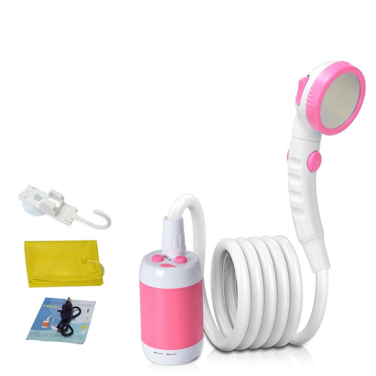Portable Camping Shower Set featuring a pink showerhead, hose, and water pump for hot showers anywhere.