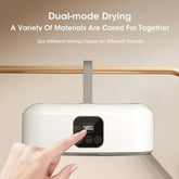 Electric Travel Clothes Dryer displaying dual-mode drying options for various materials and laundry types.