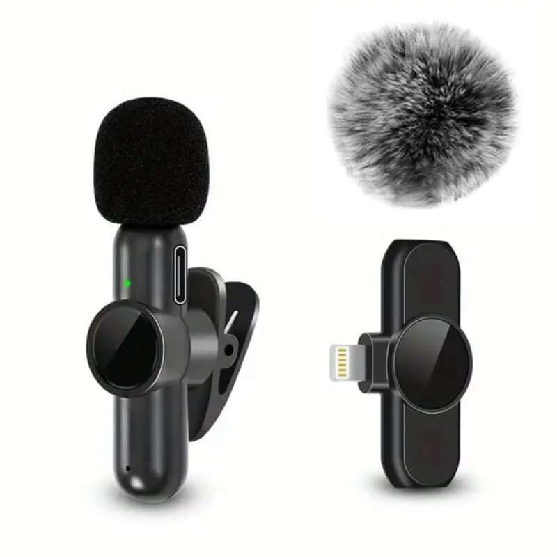 Wireless Lavalier Microphone, compact design with windscreen and lightning adapter, ideal for professional audio recording.