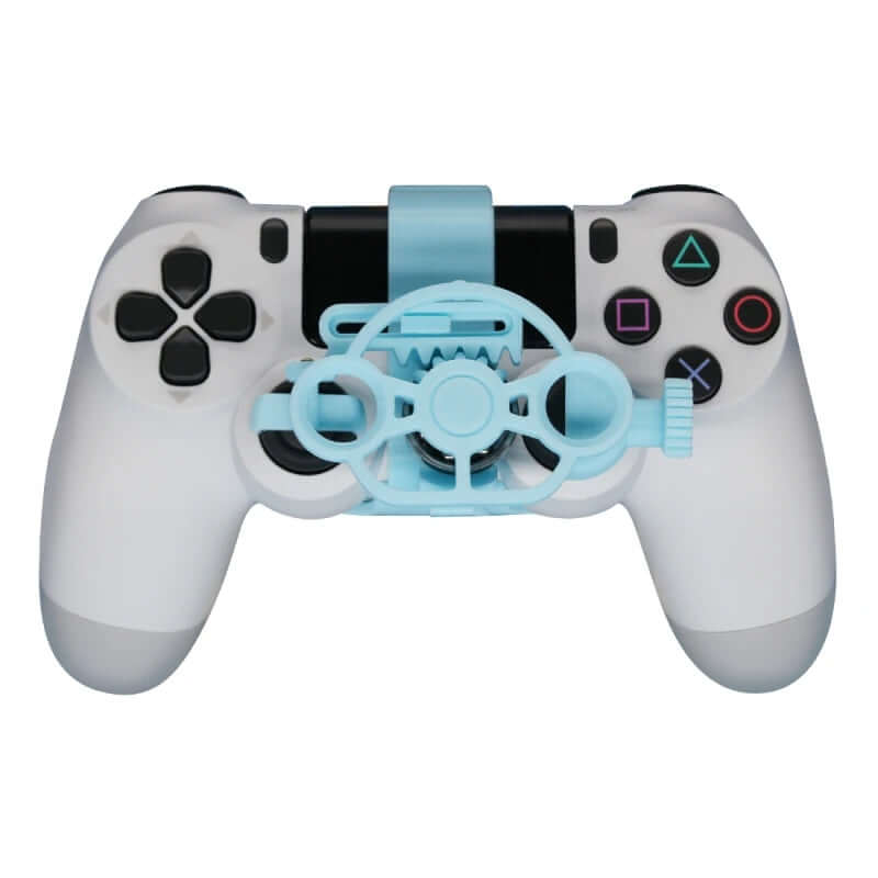 Mini Steering Wheel Game Controller Attachment on a PS4 controller for enhanced racing experience.