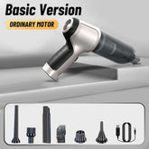 Car Vacuum Cleaner & Blower basic version with ordinary motor and multiple attachments on a gray surface.