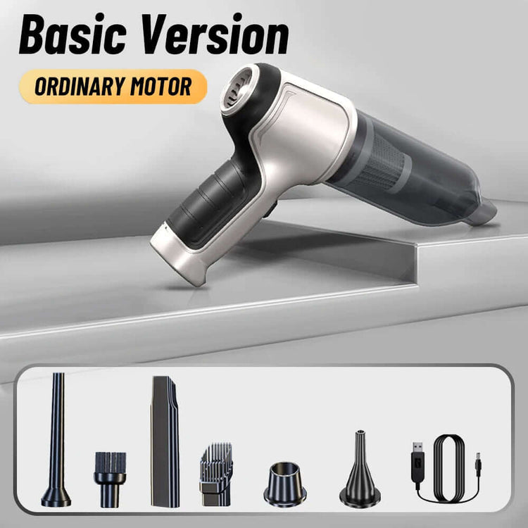 Car Vacuum Cleaner & Blower basic version with ordinary motor and multiple attachments on a gray surface.