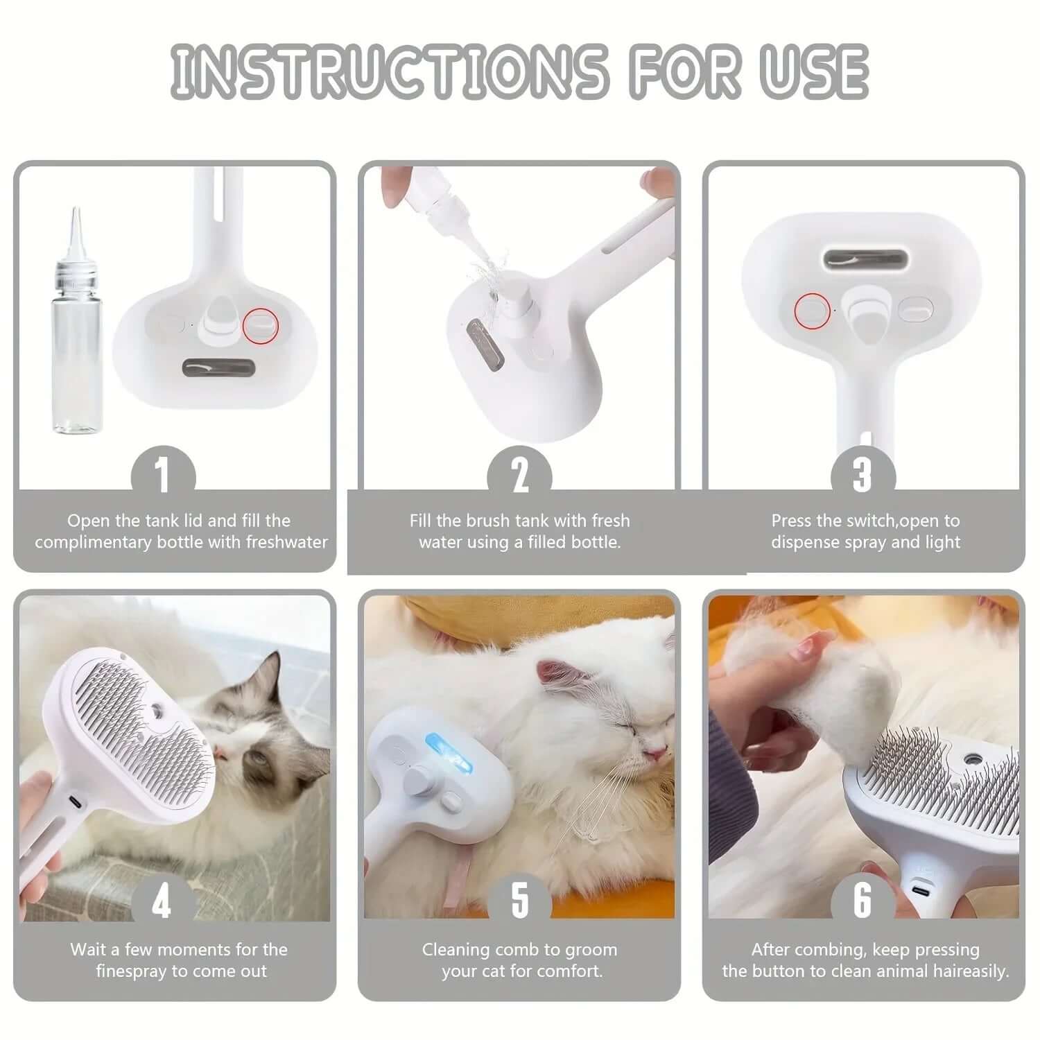Instructions for use of Pet Steam Brush to groom, detangle, and de-shed pets effortlessly.