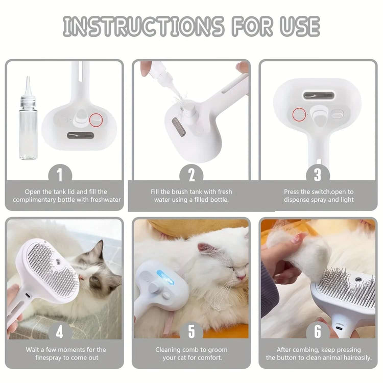 Instructions for use of Pet Steam Brush to groom, detangle, and de-shed pets effortlessly.