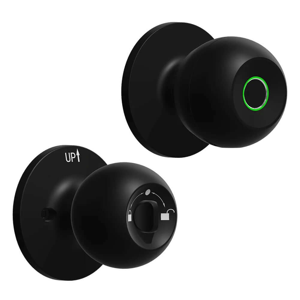 Keyless Smart Knob with App Control – sleek black design, showing smart access functionality and locking mechanism.