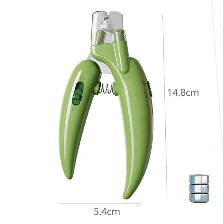 Pet Nail Clipper with LED Light - green grooming tool, dimensions 14.8cm x 5.4cm, safe pet trimming.