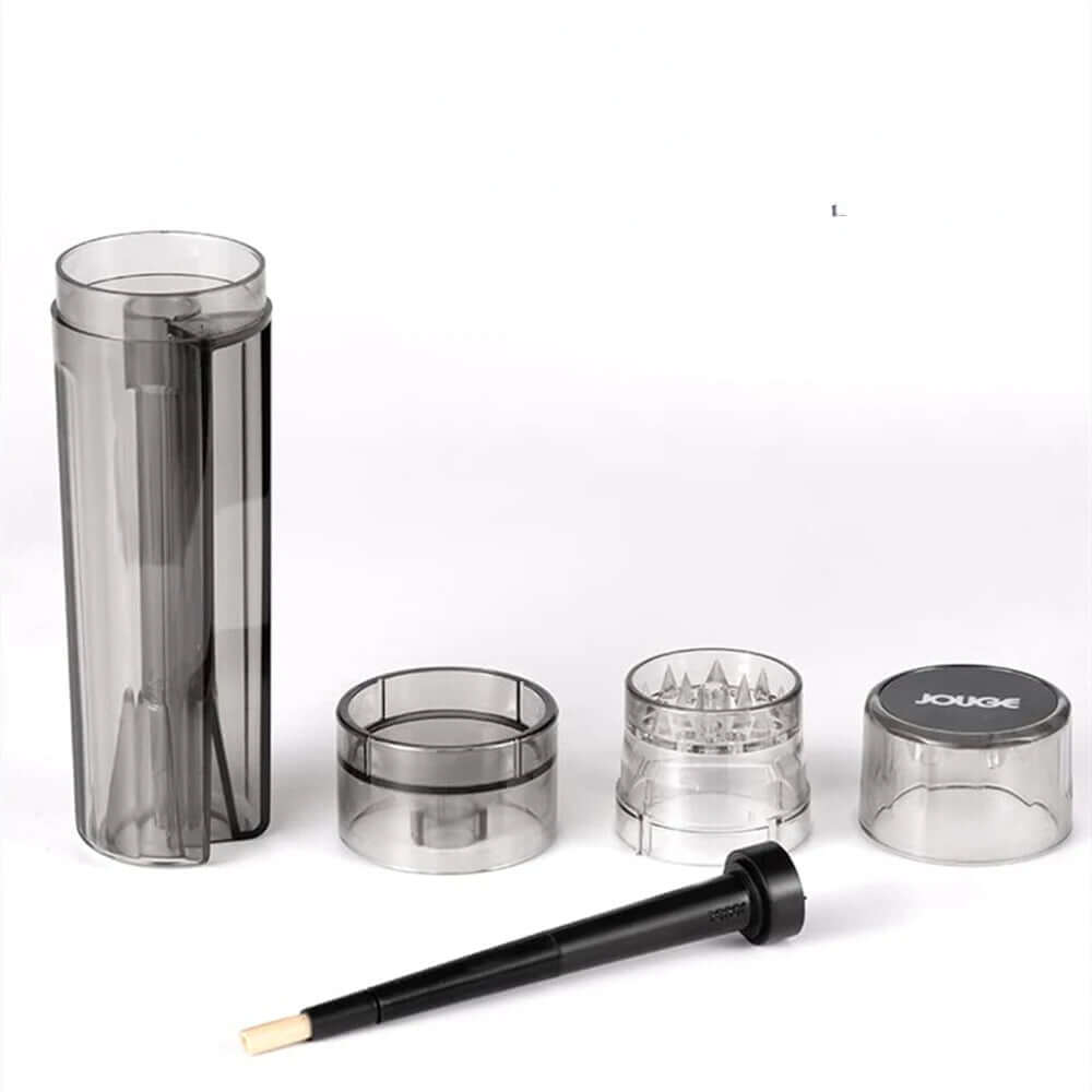 All in One Tobacco Grinder components including a sleek tube, grinder, and tool for easy use.