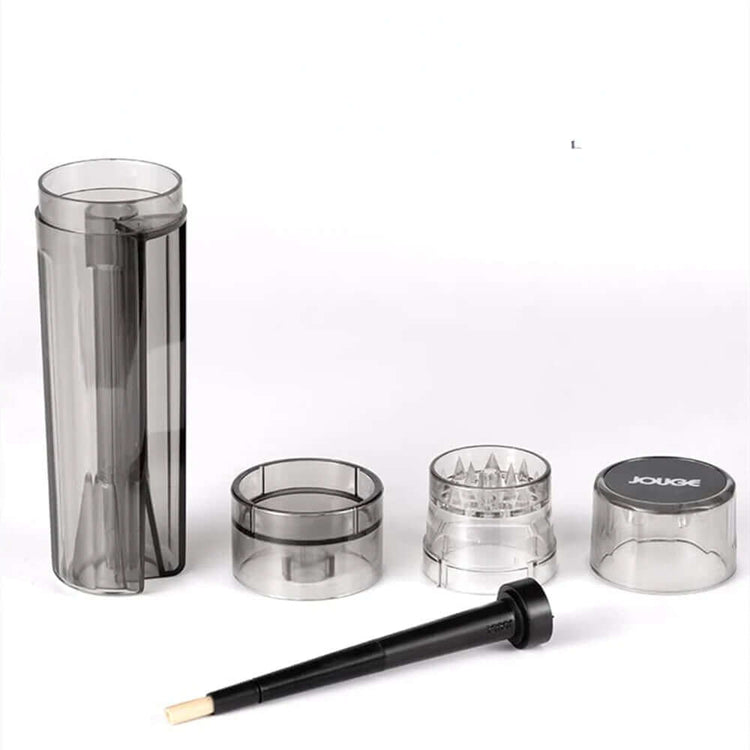 All in One Tobacco Grinder components including a sleek tube, grinder, and tool for easy use.