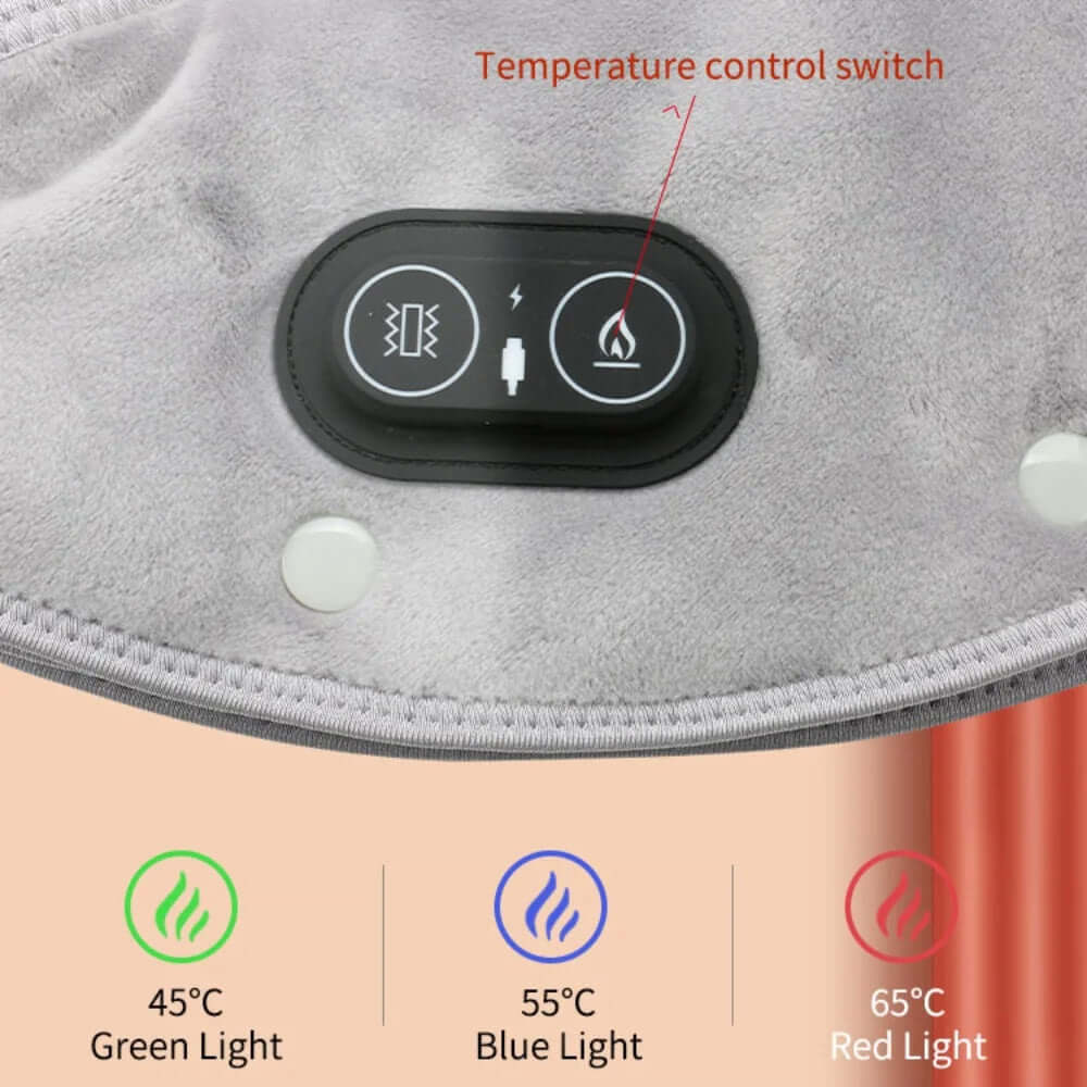 Close-up of temperature control switch on Electric Heated Neck & Shoulder Wrap showing green, blue, and red light settings.