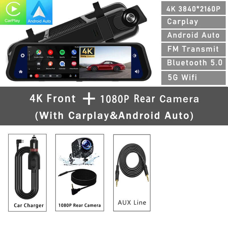 Dash Cam Mirror Screen features 4K front and 1080P rear camera capabilities with Carplay and Android Auto.