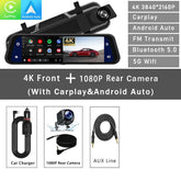 Dash Cam Mirror Screen features 4K front and 1080P rear camera capabilities with Carplay and Android Auto.