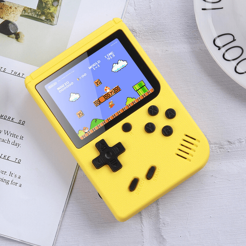 Retro Mini Handheld Game Console with classic arcade game displayed on screen, yellow body design, showcasing pocket-size nostalgia.