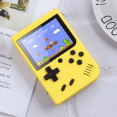Retro Mini Handheld Game Console with classic arcade game displayed on screen, yellow body design, showcasing pocket-size nostalgia.