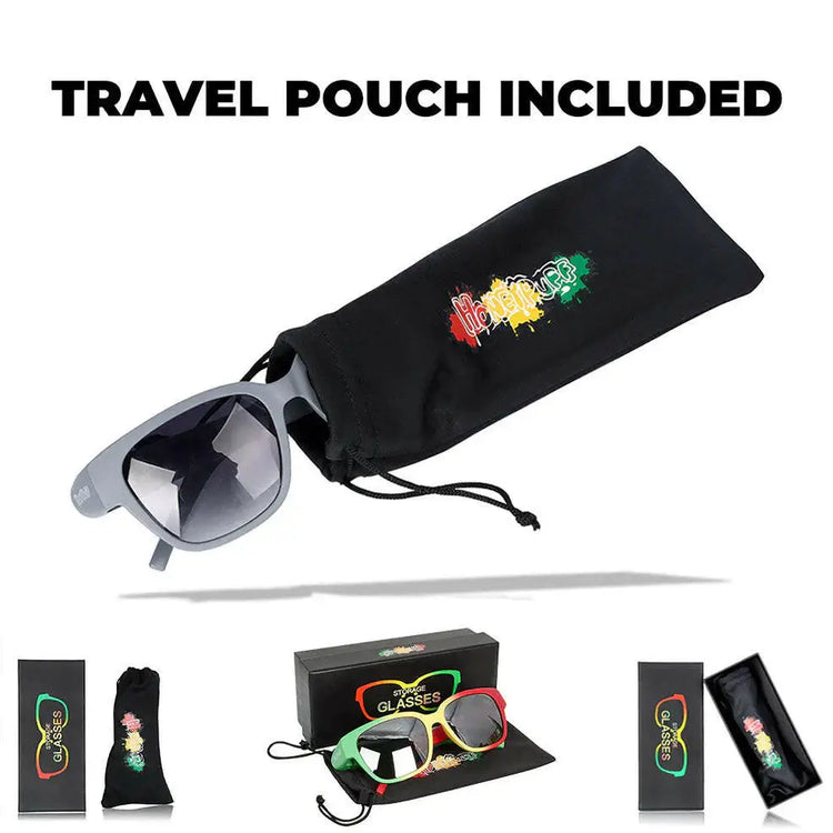 Hidden Storage Sunglasses with travel pouch, showcasing style and functionality.