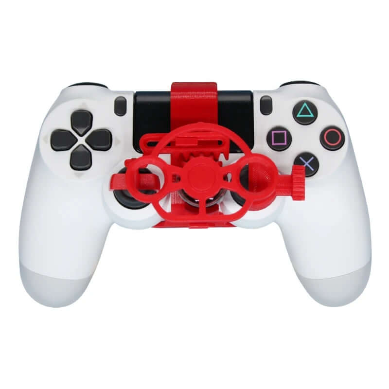 Mini Steering Wheel Game Controller Attachment on a PS4 controller for enhanced racing control.