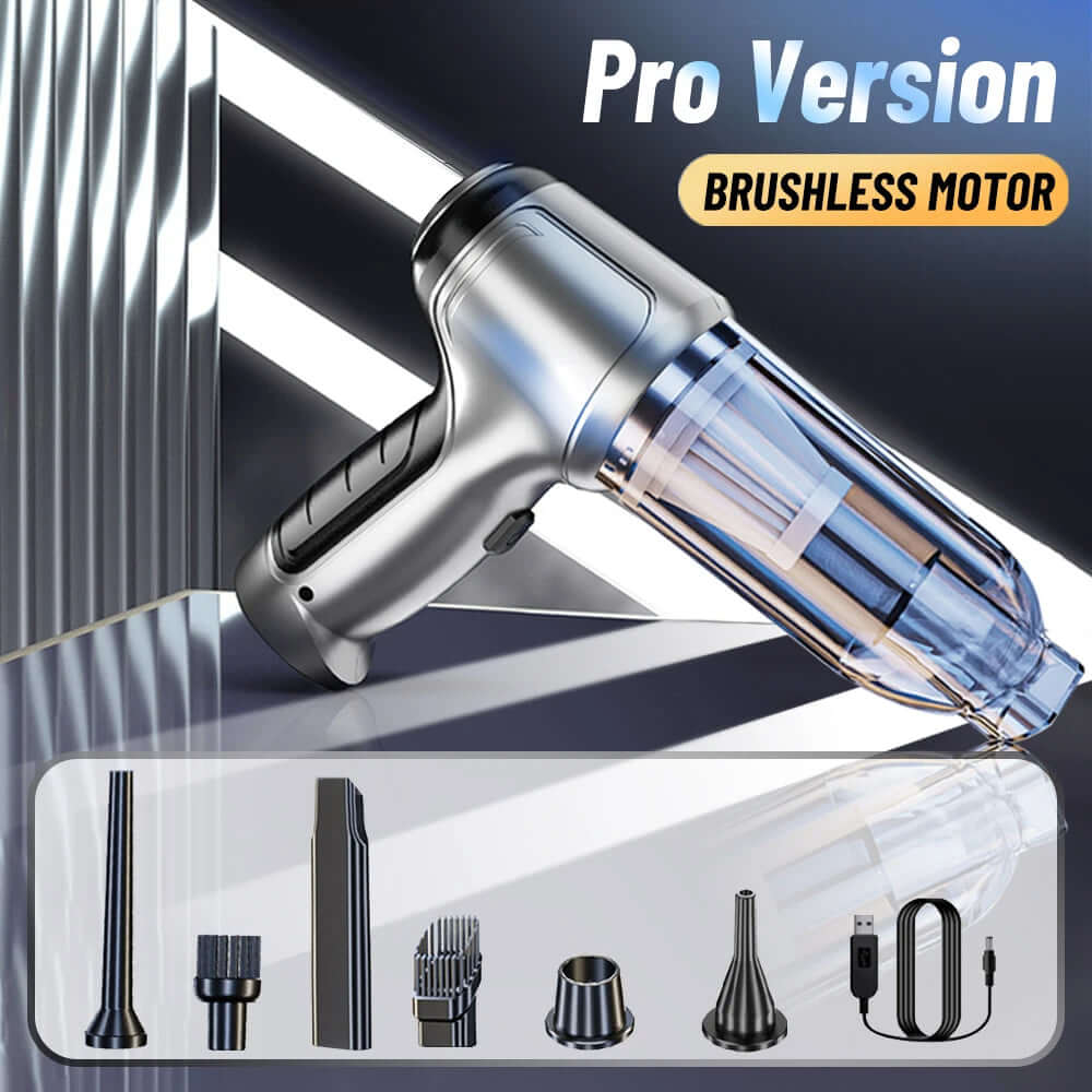 Car Vacuum Cleaner & Blower Pro Version featuring brushless motor and various attachments for efficient cleaning.