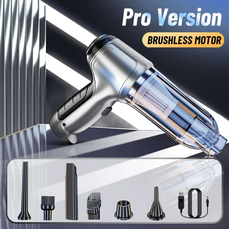 Car Vacuum Cleaner & Blower Pro Version featuring brushless motor and various attachments for efficient cleaning.