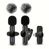 Wireless Lavalier Microphone set with windshields for clear audio on iPhone and Android.