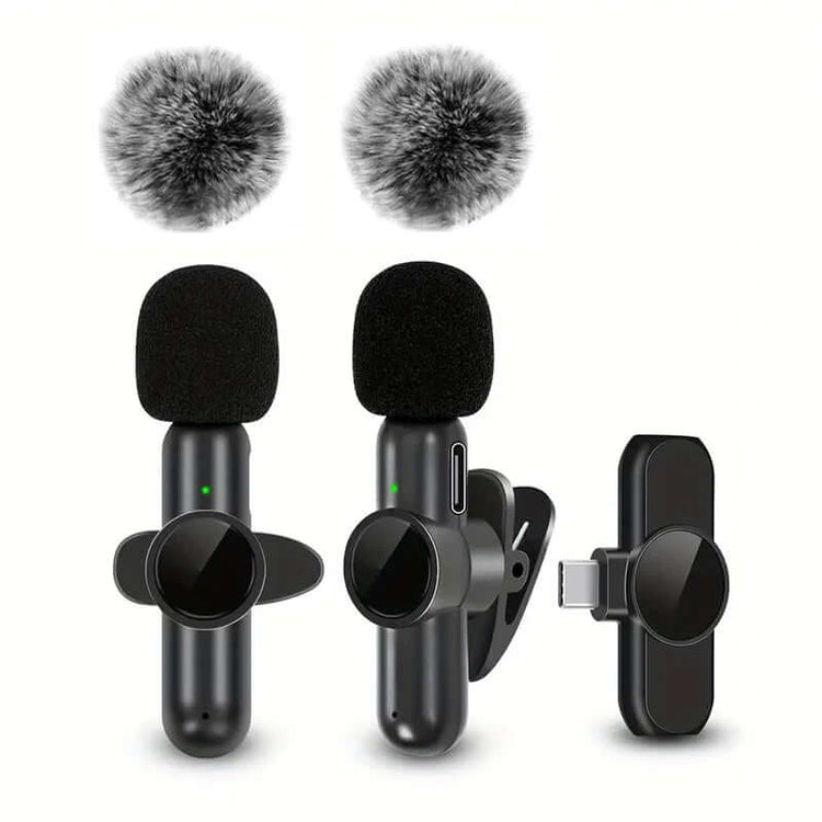 Wireless Lavalier Microphone set with windshields for clear audio on iPhone and Android.