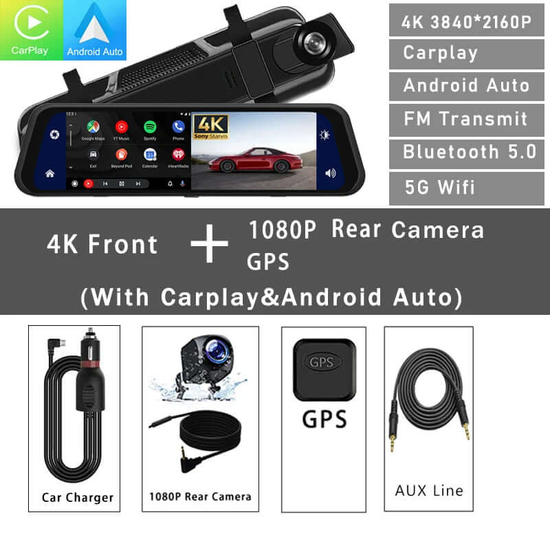 Dash Cam Mirror Screen featuring 4K front and 1080P rear camera with Carplay and Android Auto.