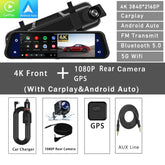 Dash Cam Mirror Screen featuring 4K front and 1080P rear camera with Carplay and Android Auto.