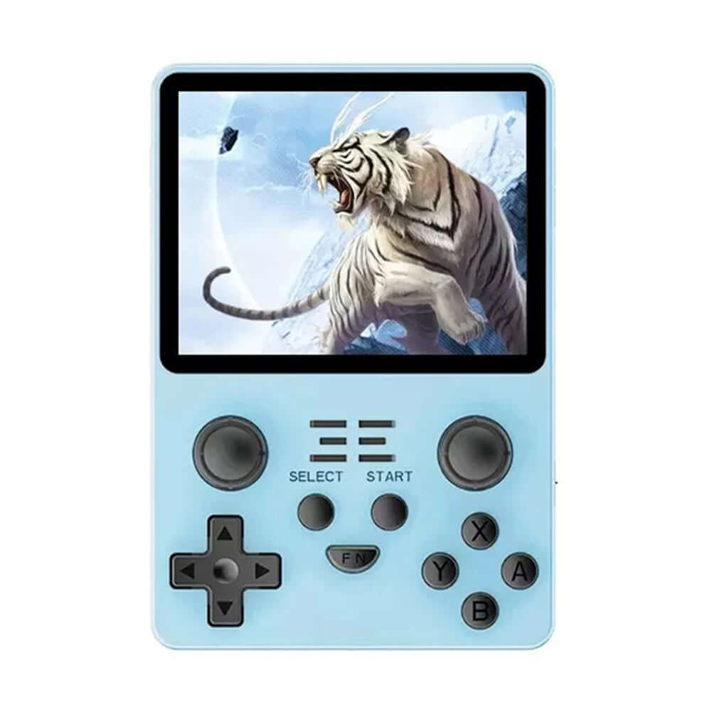 Handheld Game Console RK3326 displaying a vibrant game scene with a tiger on the screen.