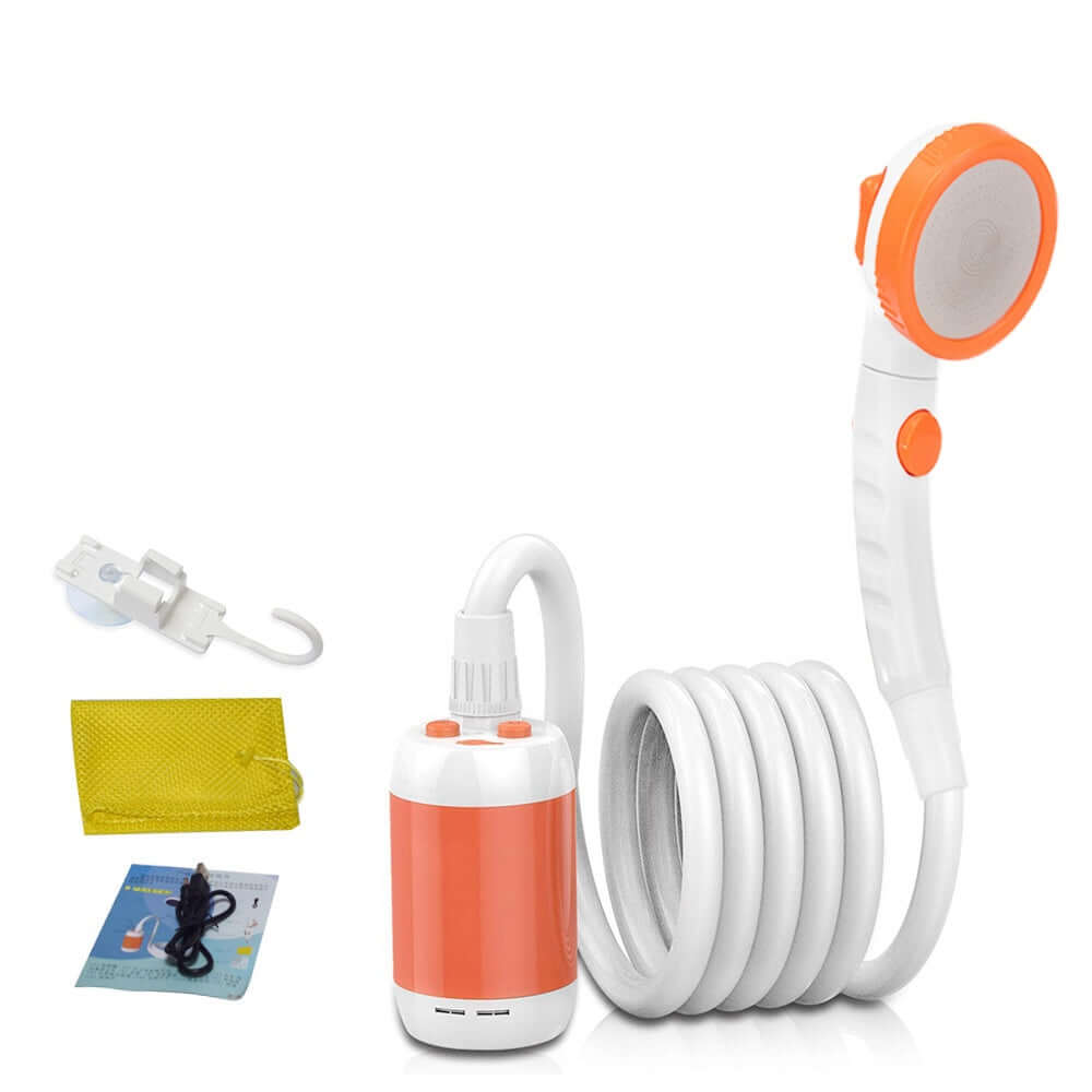 Portable Camping Shower Set with pump, flexible hose, and showerhead for outdoor hot showers anywhere.