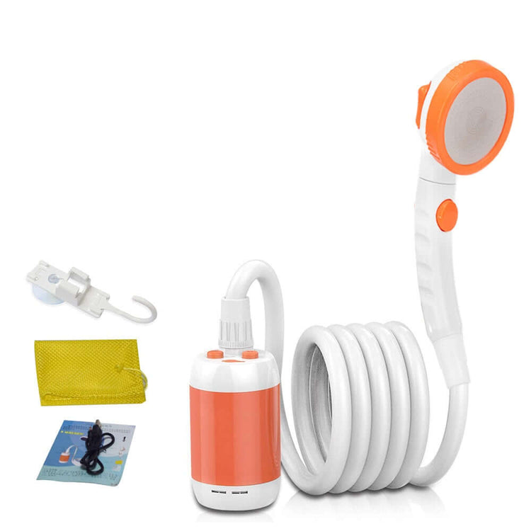 Portable Camping Shower Set with pump, flexible hose, and showerhead for outdoor hot showers anywhere.