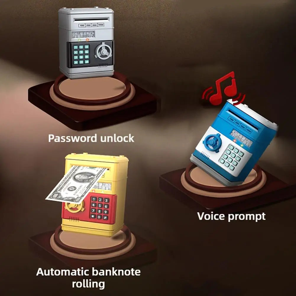 Kids Digital Safe Money Bank features password unlock, automatic banknote rolling, and voice prompts.