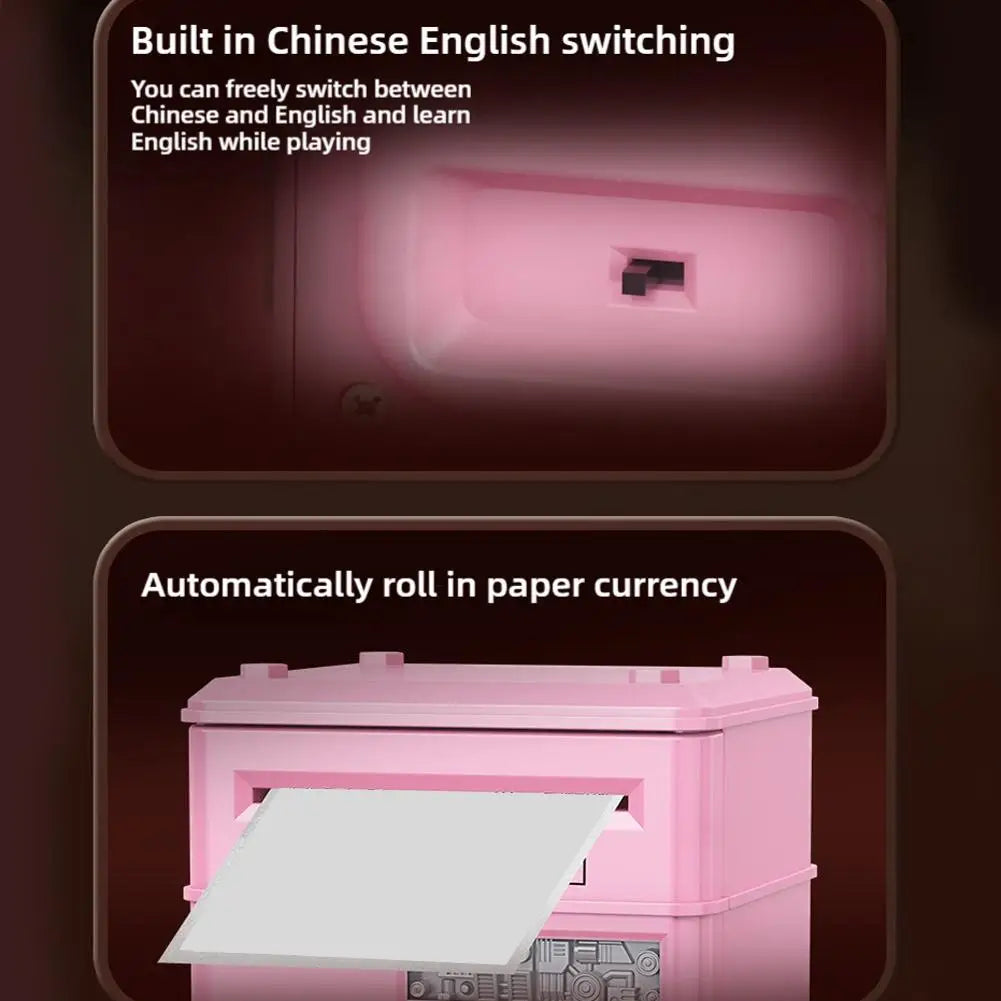Kids Digital Safe Money Bank features built-in language switching and automatic bill rolling for fun learning.
