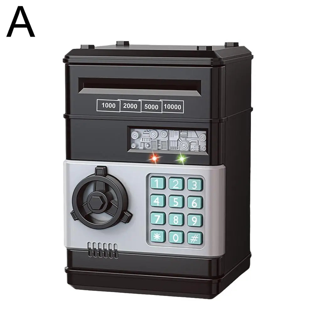 Kids Digital Safe Money Bank with keypad, auto-bill roll slot, and LED lights for saving money fun.