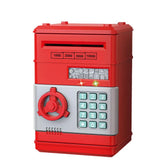 Kids Digital Safe Money Bank with password, auto bill roll slot and LED lights in red design.