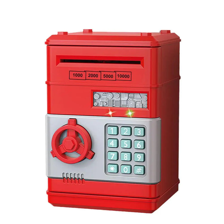 Kids Digital Safe Money Bank with password, auto bill roll slot and LED lights in red design.