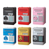 Kids Digital Safe Money Bank in various colors: black, red, pink, blue, yellow, and grey with password locks and LED lights.