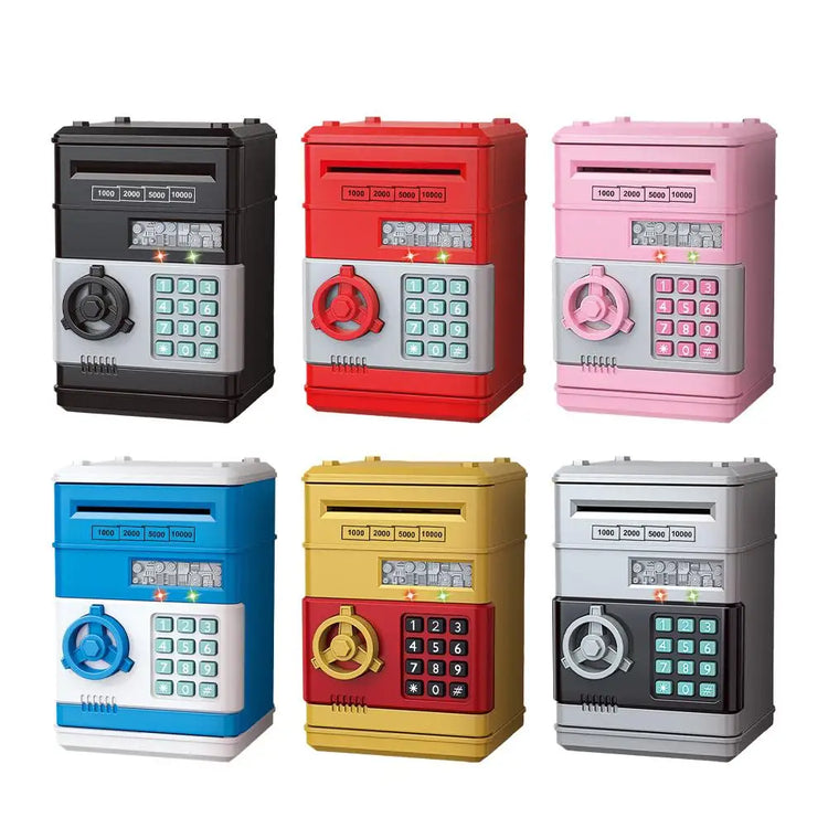 Kids Digital Safe Money Bank in various colors: black, red, pink, blue, yellow, and grey with password locks and LED lights.