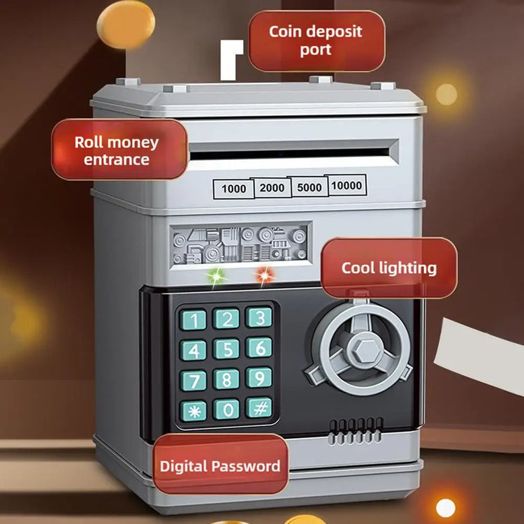 Kids Digital Safe Money Bank features like coin deposit port, roll money entrance, cool lighting, and digital password.