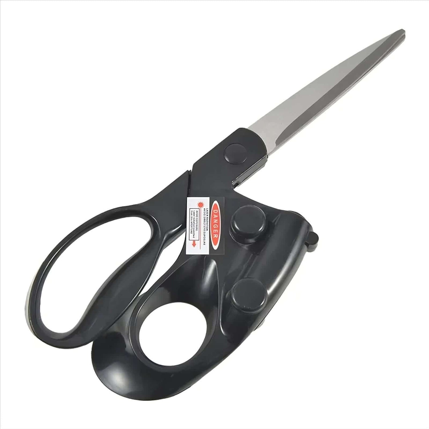Laser Guided Scissors with black handles, featuring a precision laser beam for perfect cutting performance.