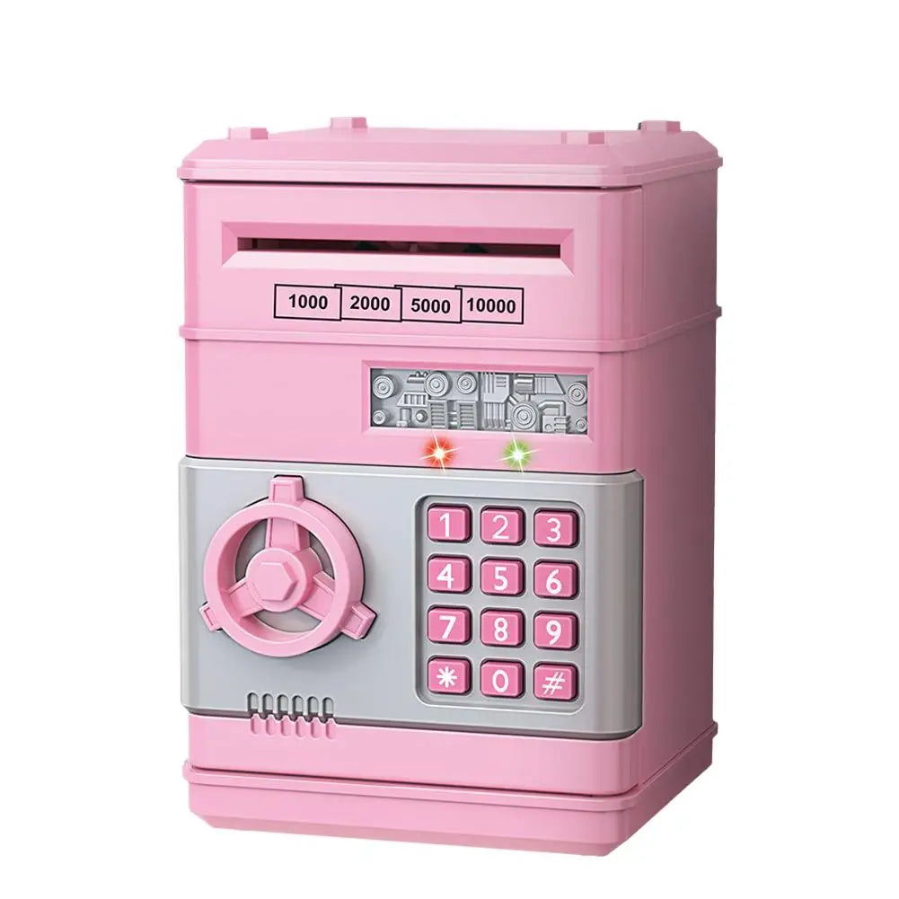 Kids Digital Safe Money Bank with number keypad and bill slot in pink color.