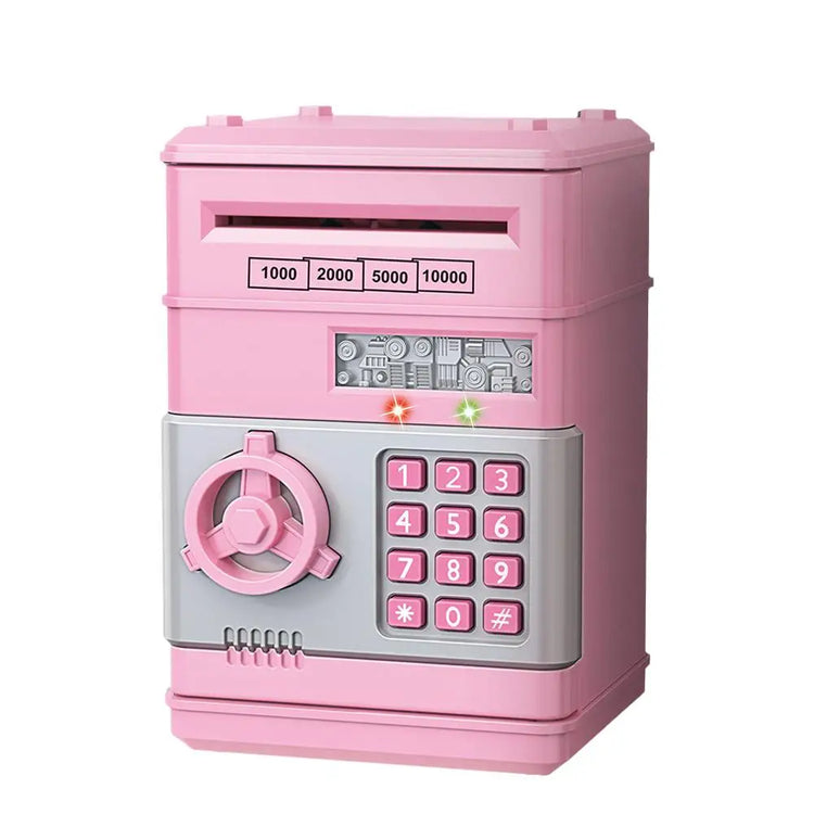 Kids Digital Safe Money Bank with number keypad and bill slot in pink color.