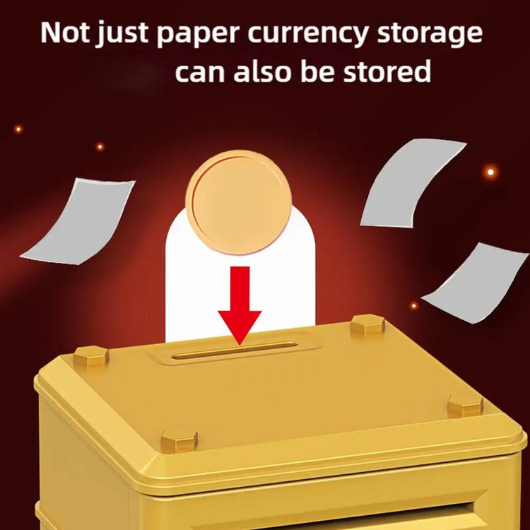 Kids Digital Safe Money Bank inserting coins and bills into a secure storage slot for saving money.